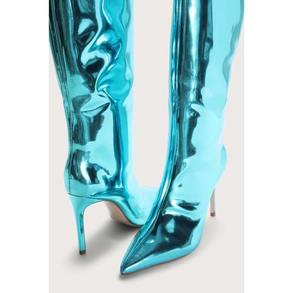 Schutz Mary Mary Up Turquoise Metallic Leather Pointed-Toe Knee-High Boots - Picture 5 of 12